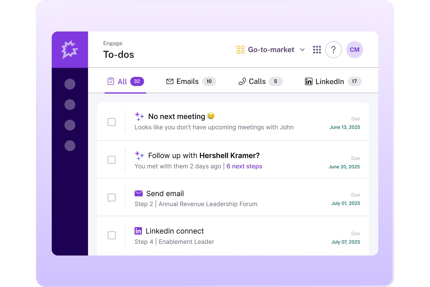 Gong Engage To-dos dashboard showing AI tasks for emails, calls, and LinkedIn
