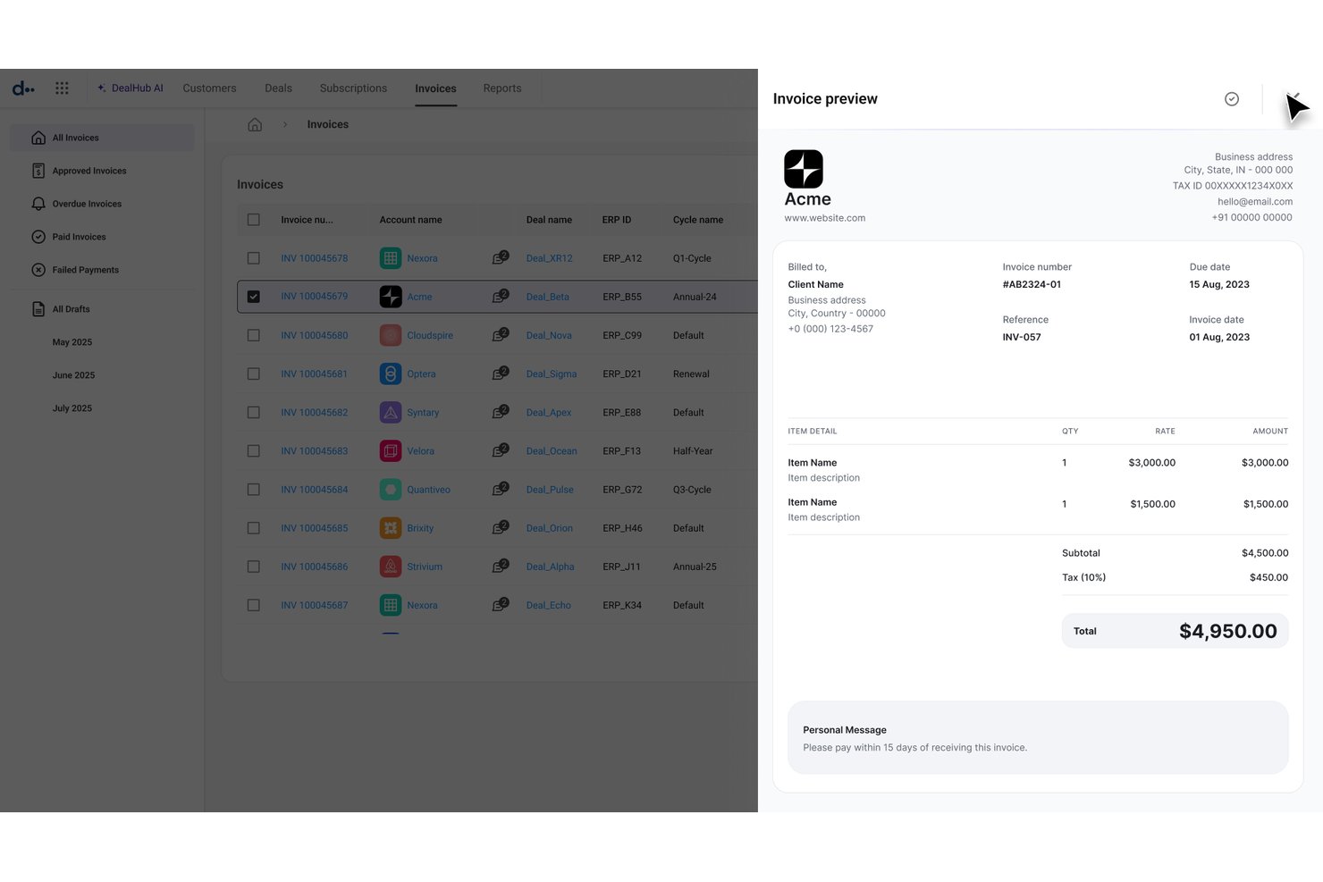 DealHub invoice preview panel showing itemized billing, totals, and client details.