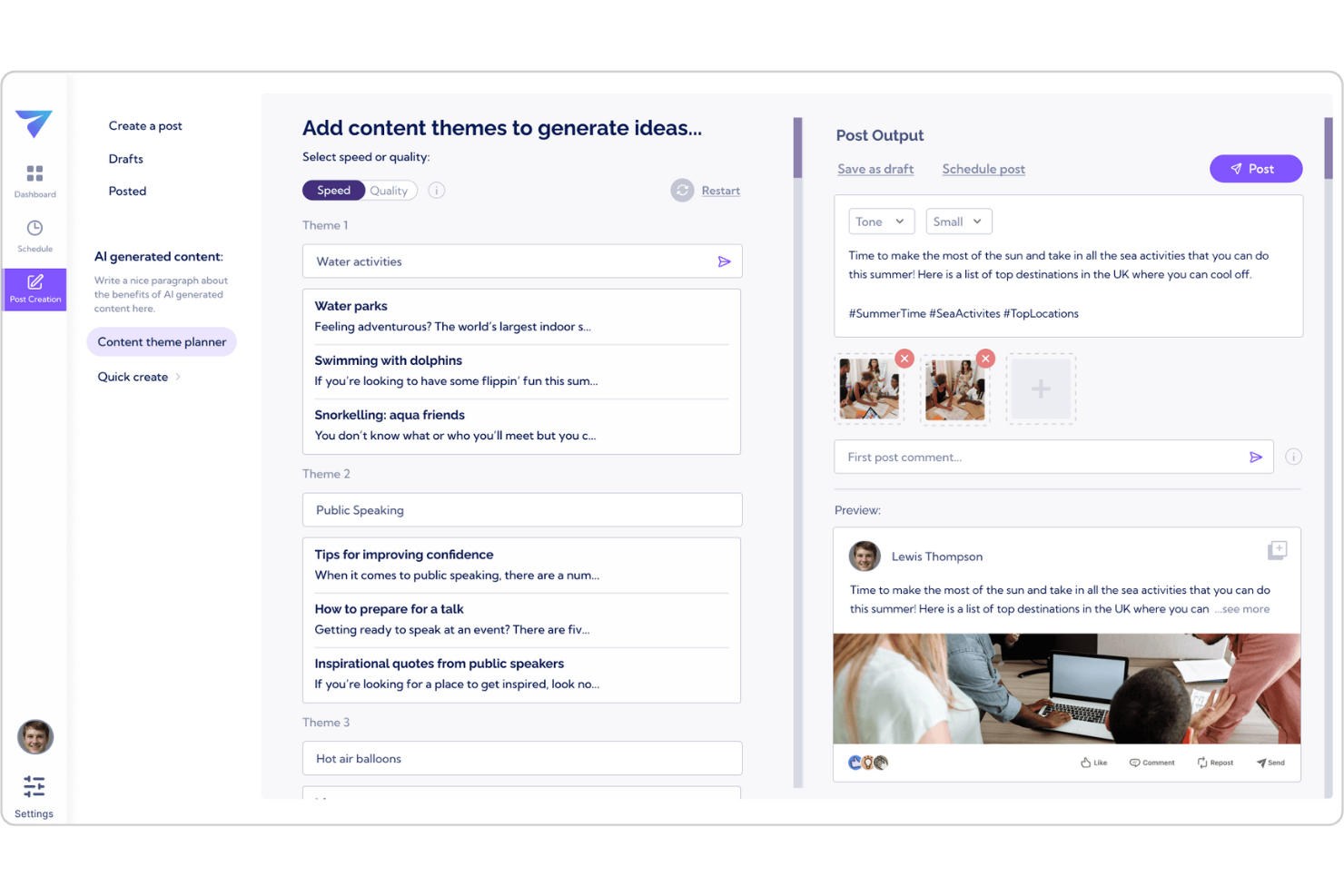Vulse AI post creation interface showing content themes, generated LinkedIn post ideas, draft content, images, and post preview.