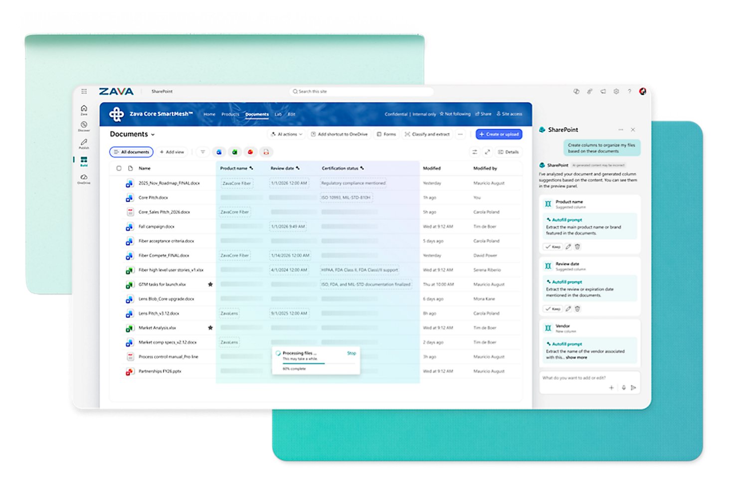 Microsoft SharePoint document library with AI-suggested metadata columns panel open.