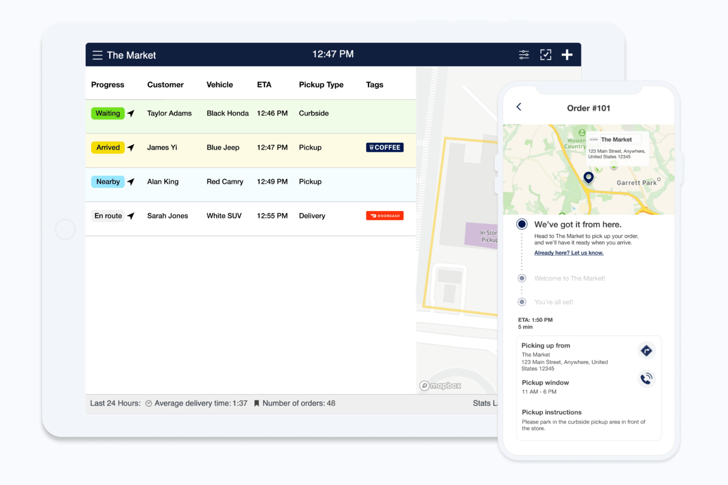 Cruscotto su tablet che mostra lo stato degli ordini dei clienti e una schermata mobile per il monitoraggio degli ordini.