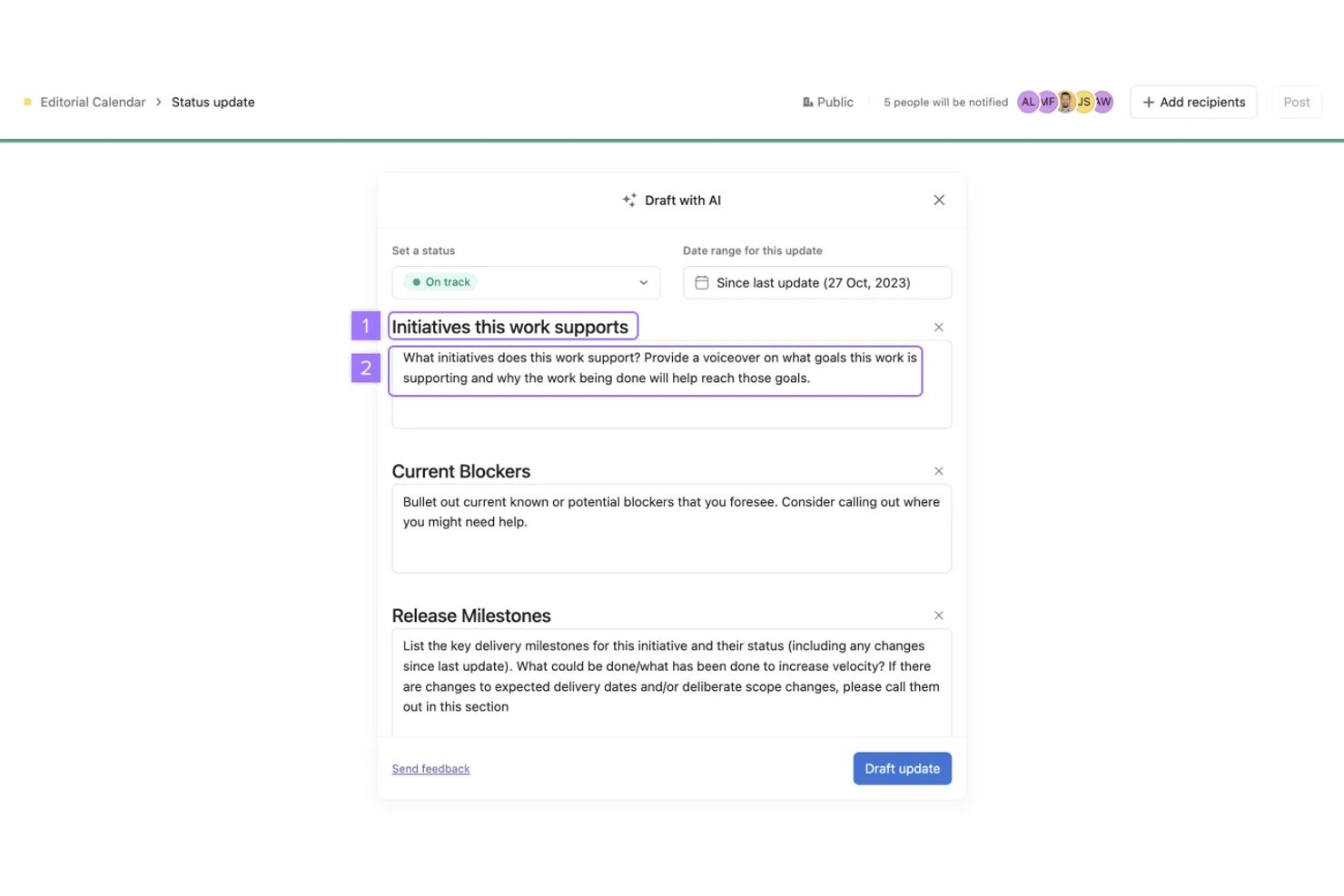 Asana Draft with AI dialog showing status update fields and prompts.