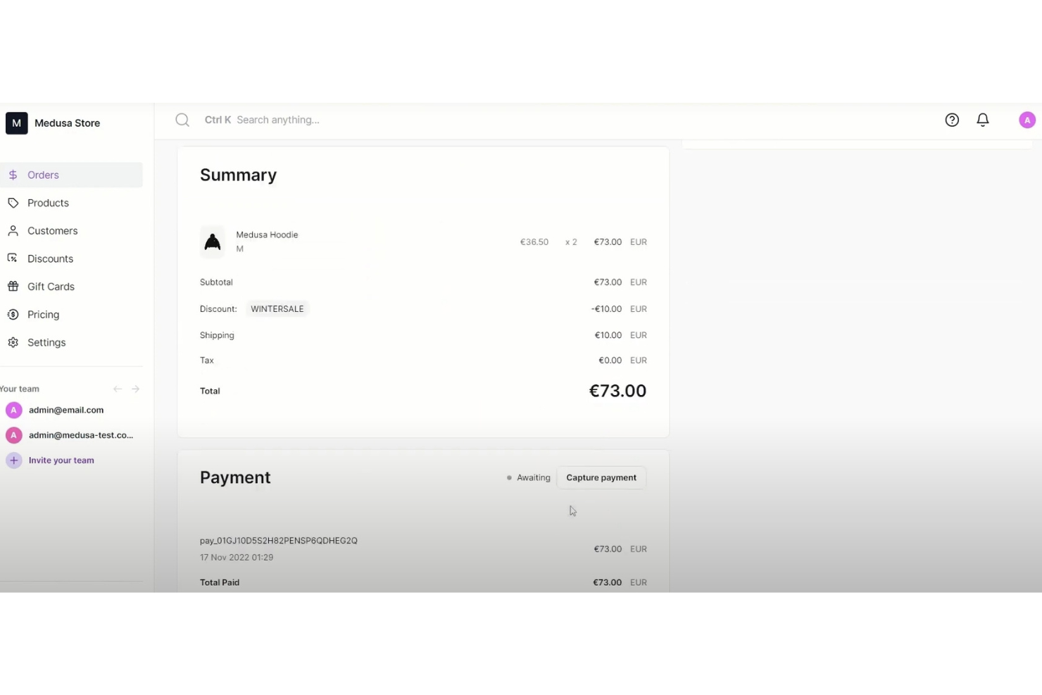 Medusa admin order summary showing product, discount, shipping, and payment details.