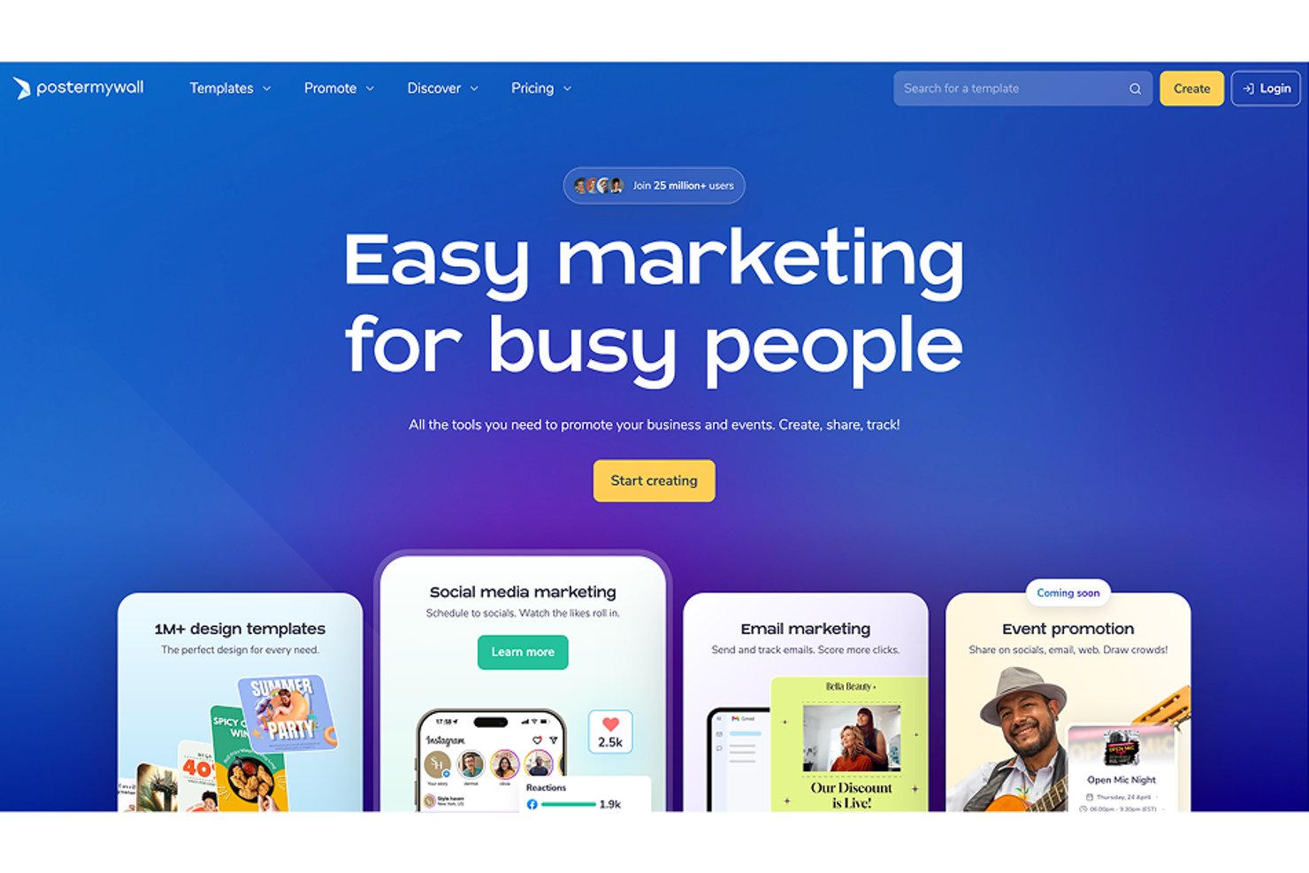 PosterMyWall homepage showing marketing tools for templates, social media, email, and events.