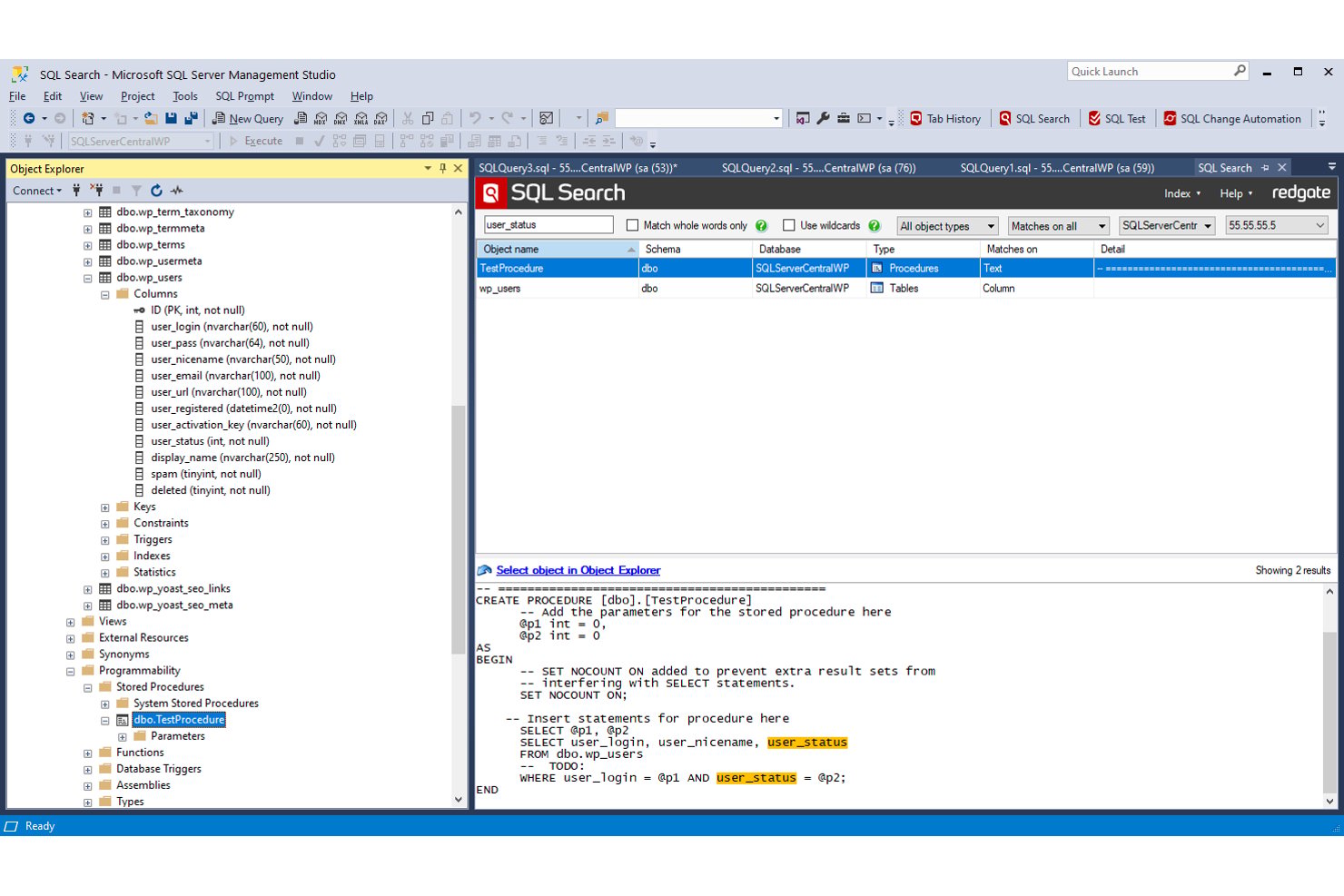 Pannello SQL Search che mostra i risultati della ricerca di user_status tra procedure e tabelle.