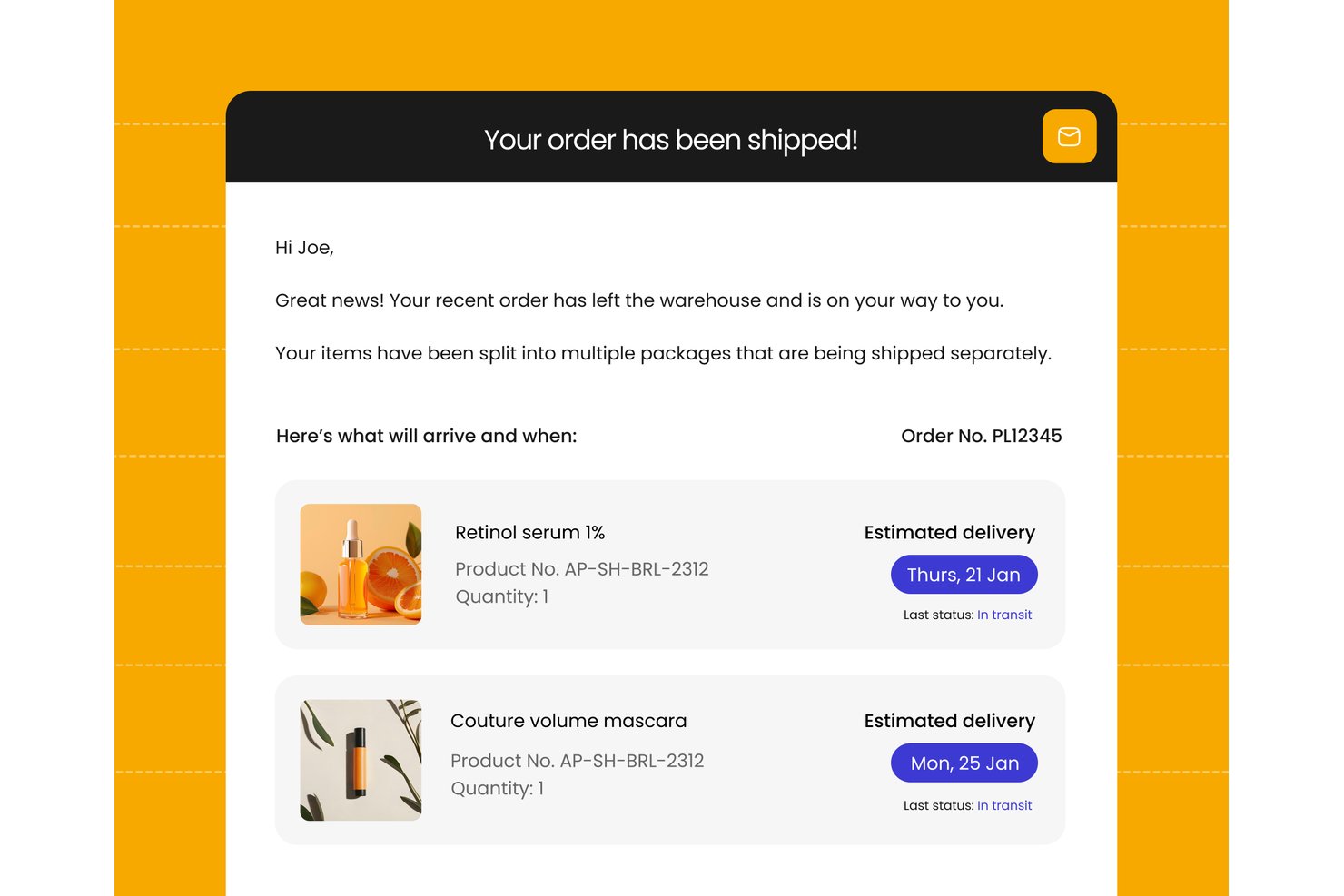 Correo electrónico de notificación de envío de parcelLab que muestra dos productos con fechas de entrega estimadas.