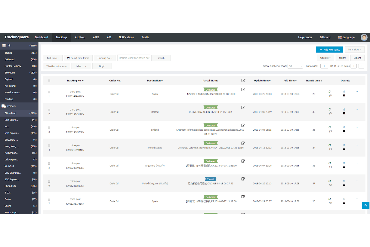 TrackingMore screenshot - Los 10 mejores programas de seguimiento de paquetes para minoristas en 2026