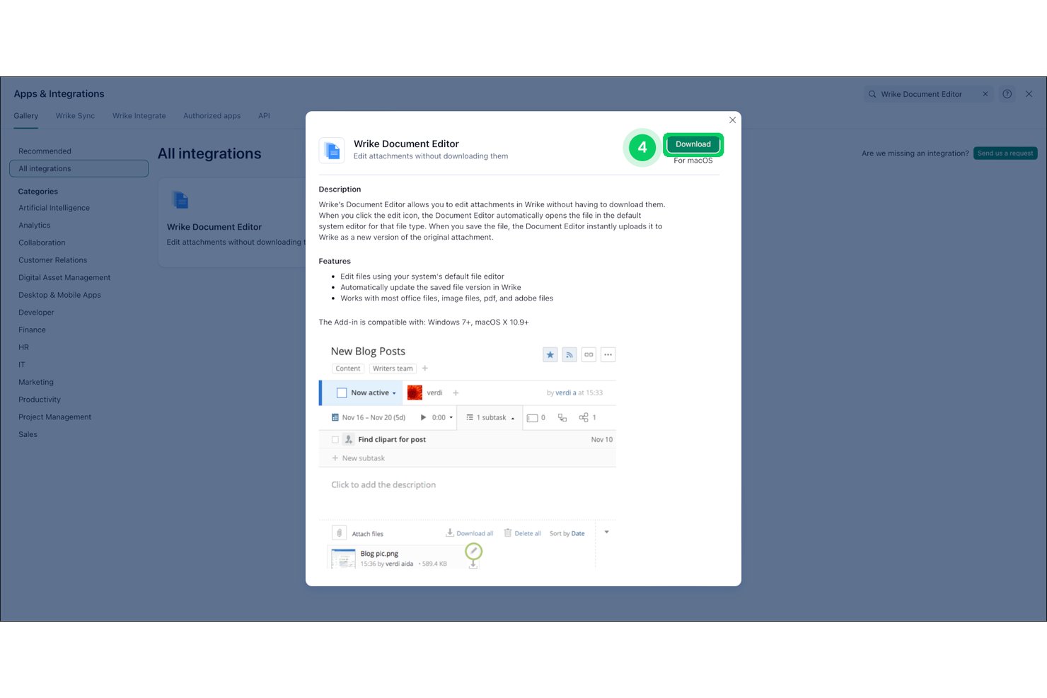 Wrike Document Editor integration modal with download button and feature list.