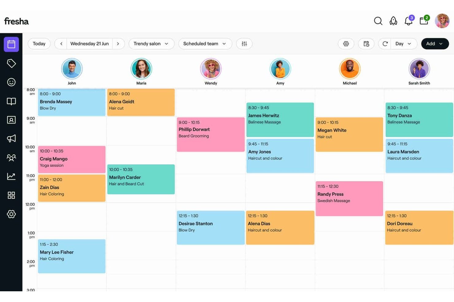 Calendario de programación de un salón en Fresha que muestra las citas del personal del miércoles 21 de junio.
