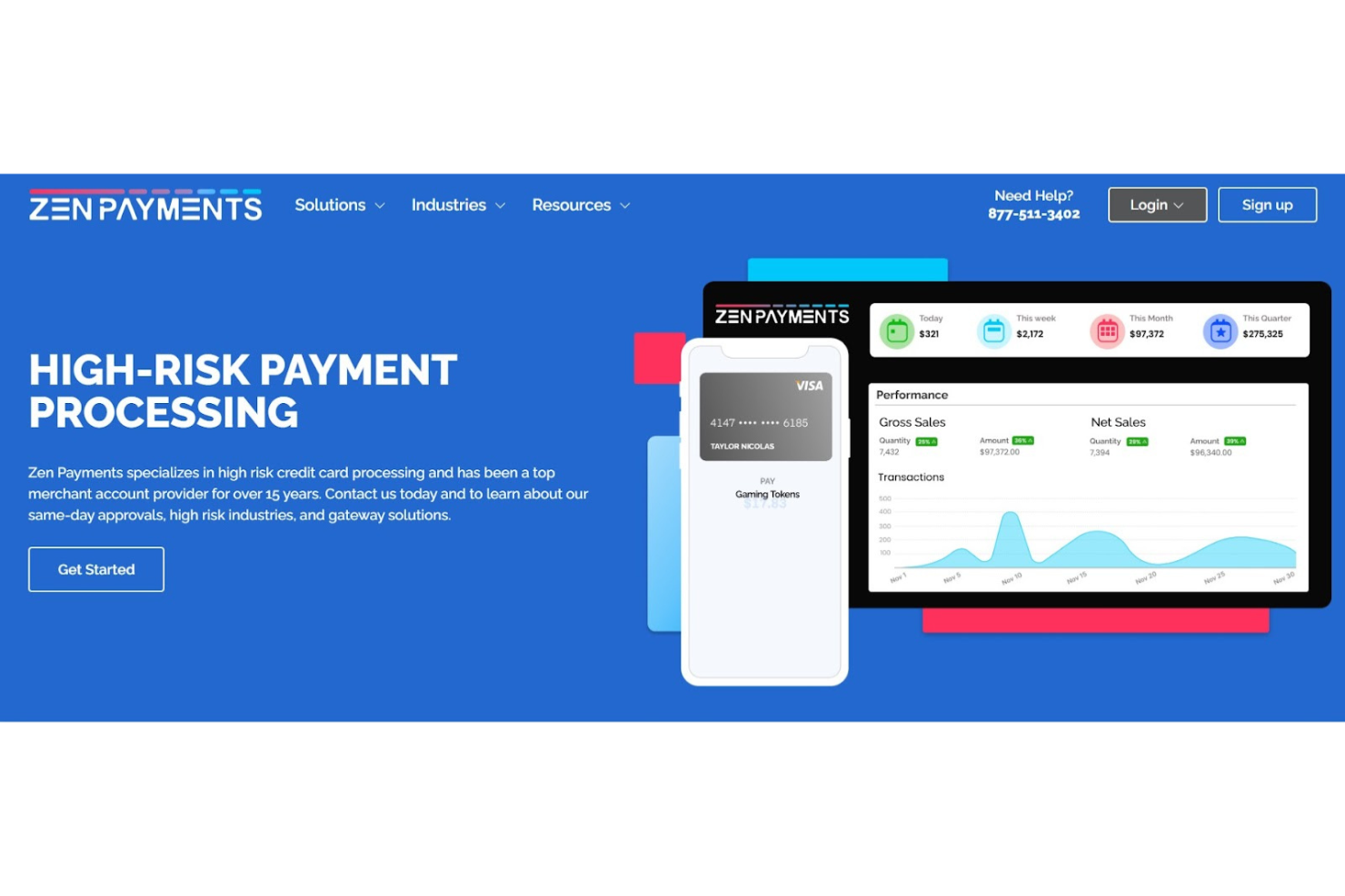 Página de inicio de Zen Payments que promociona el procesamiento de pagos de alto riesgo con un panel y una interfaz móvil de tarjetas.