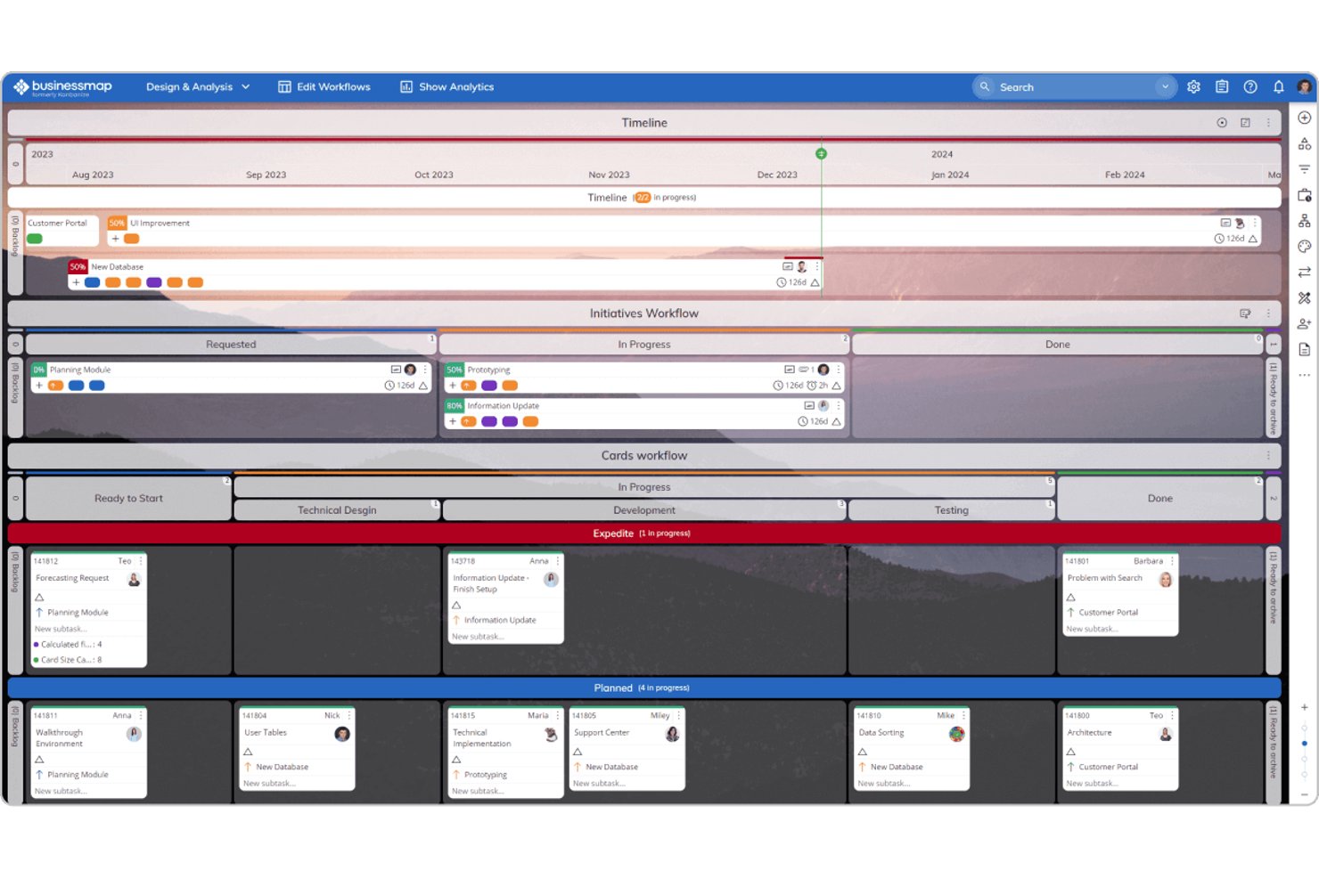 Captura de pantalla de Businessmap que muestra la Cronología, el Flujo de trabajo de iniciativas y el tablero Kanban de Tarjetas.