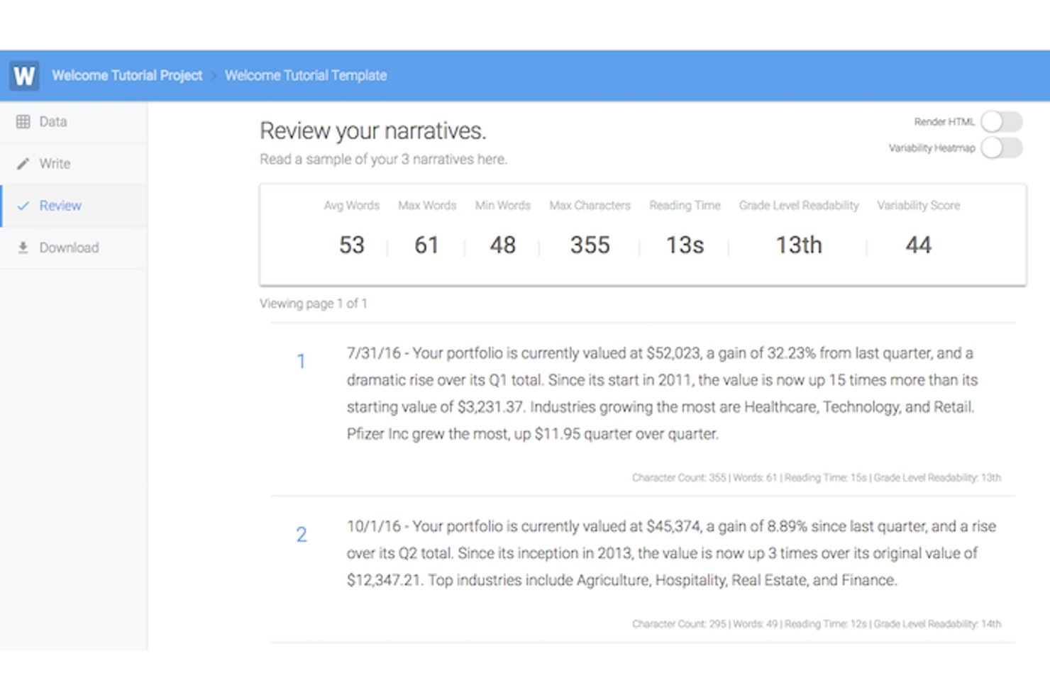 Wordsmith review panel showing three auto-generated portfolio narratives with readability stats.