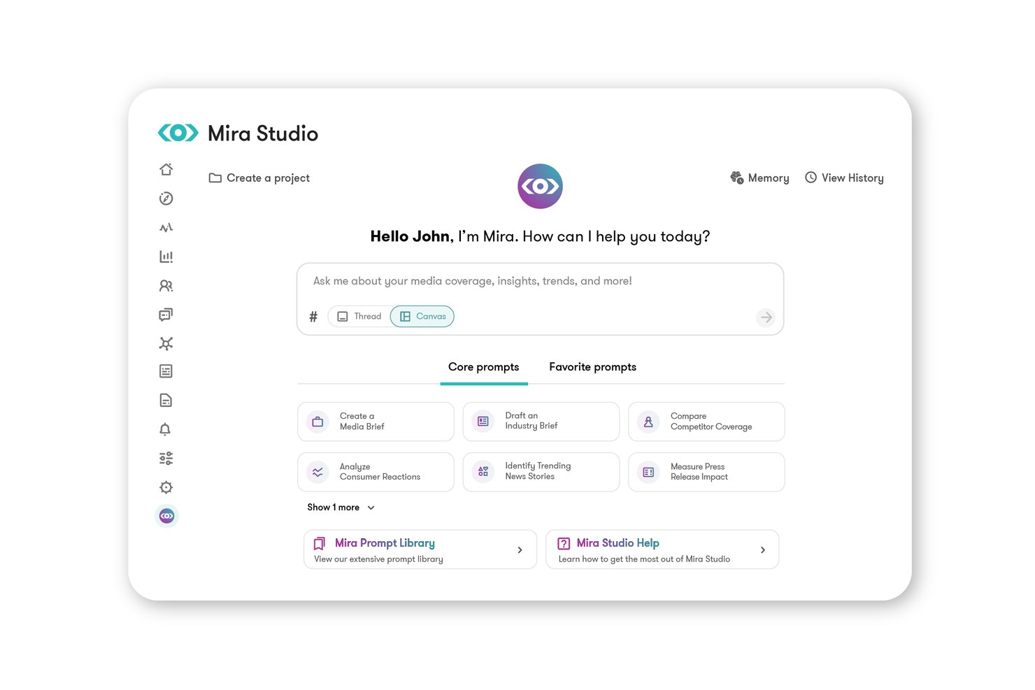Mira Studio AI chat interface with core prompt options for media research.