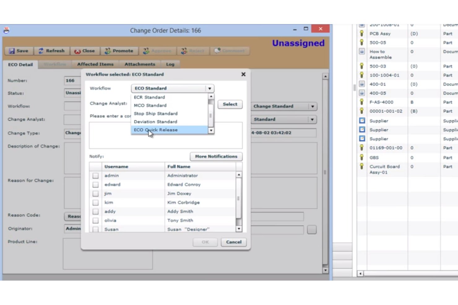 4G:PLM Change Order Details dialog showing ECO workflow dropdown selection options.