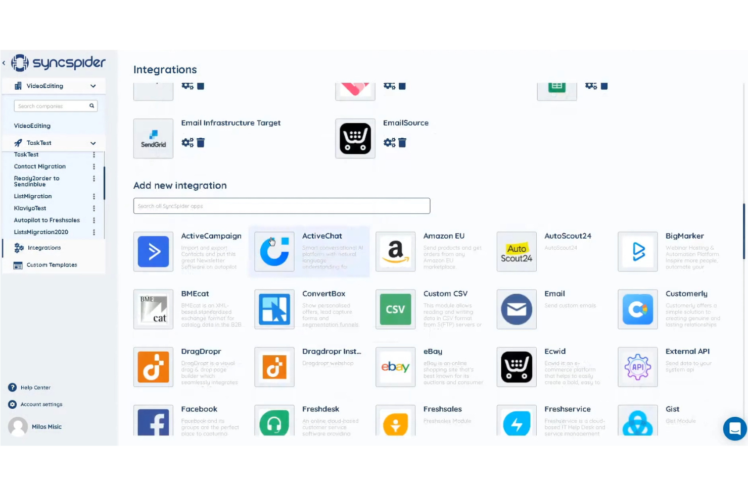 SyncSpider-Integrationsseite mit Anwendungskonnektoren wie ActiveCampaign, eBay und Facebook.
