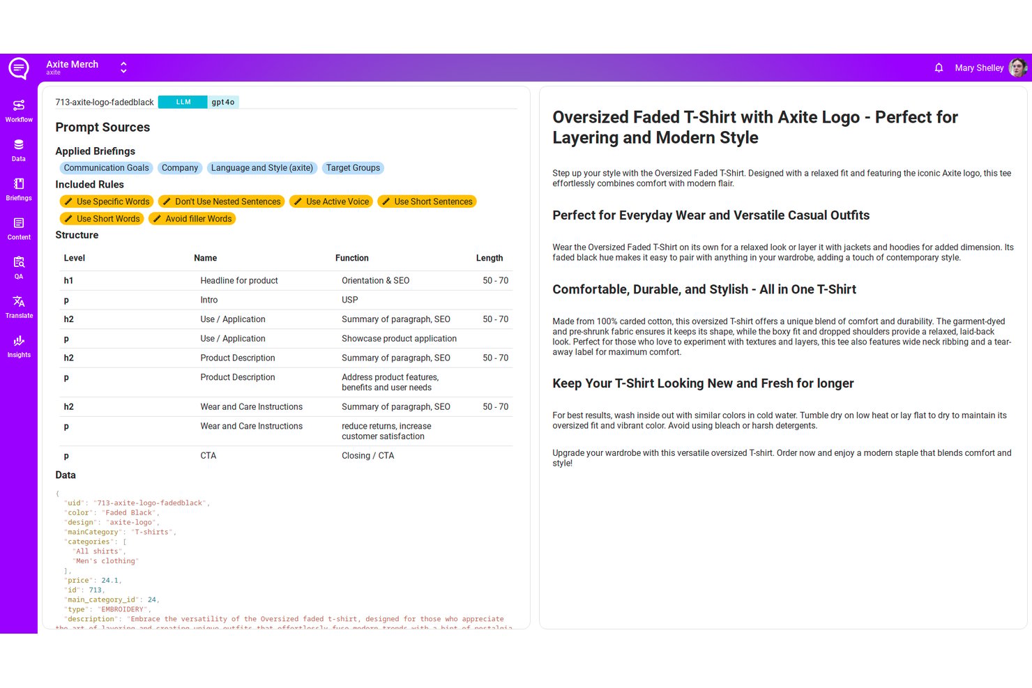 AX Semantics UI showing prompt sources, content structure, and generated product description text.