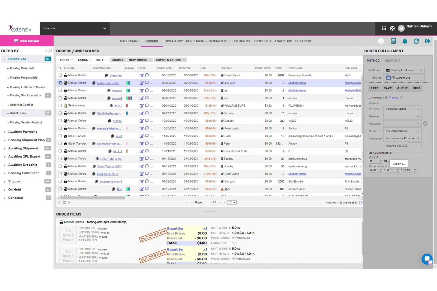 Tableau de bord Extensiv Order Manager affichant la liste des commandes non résolues et le panneau d’exécution.