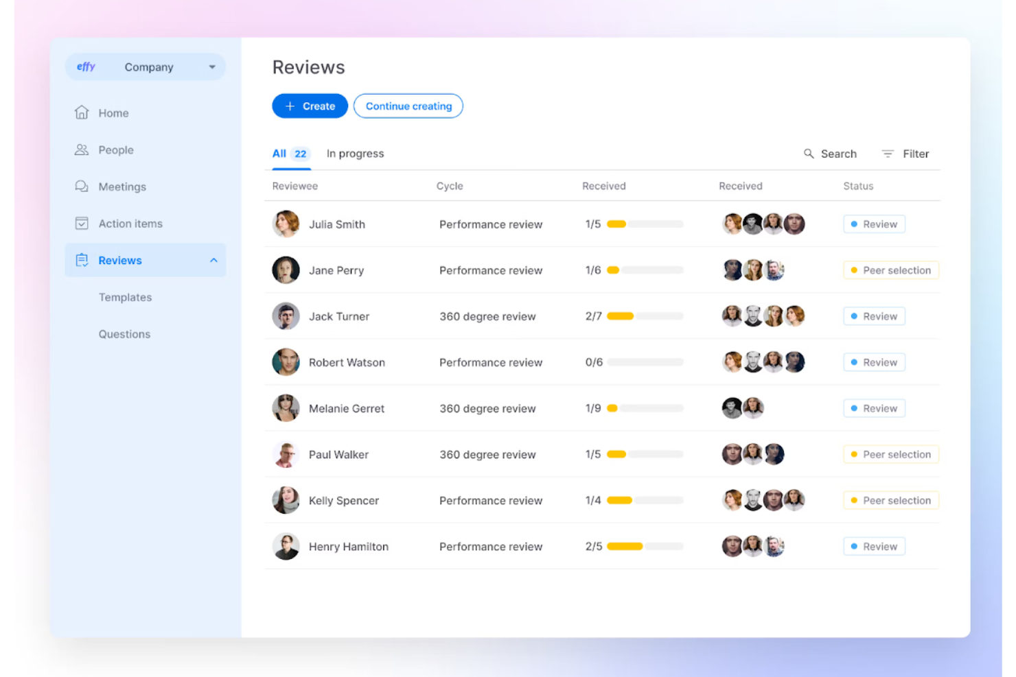 Screenshot of performance management software from Effy showing the 360 review feature