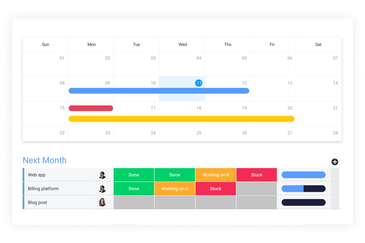Calendar view with colored timeline bars and a task status table below.