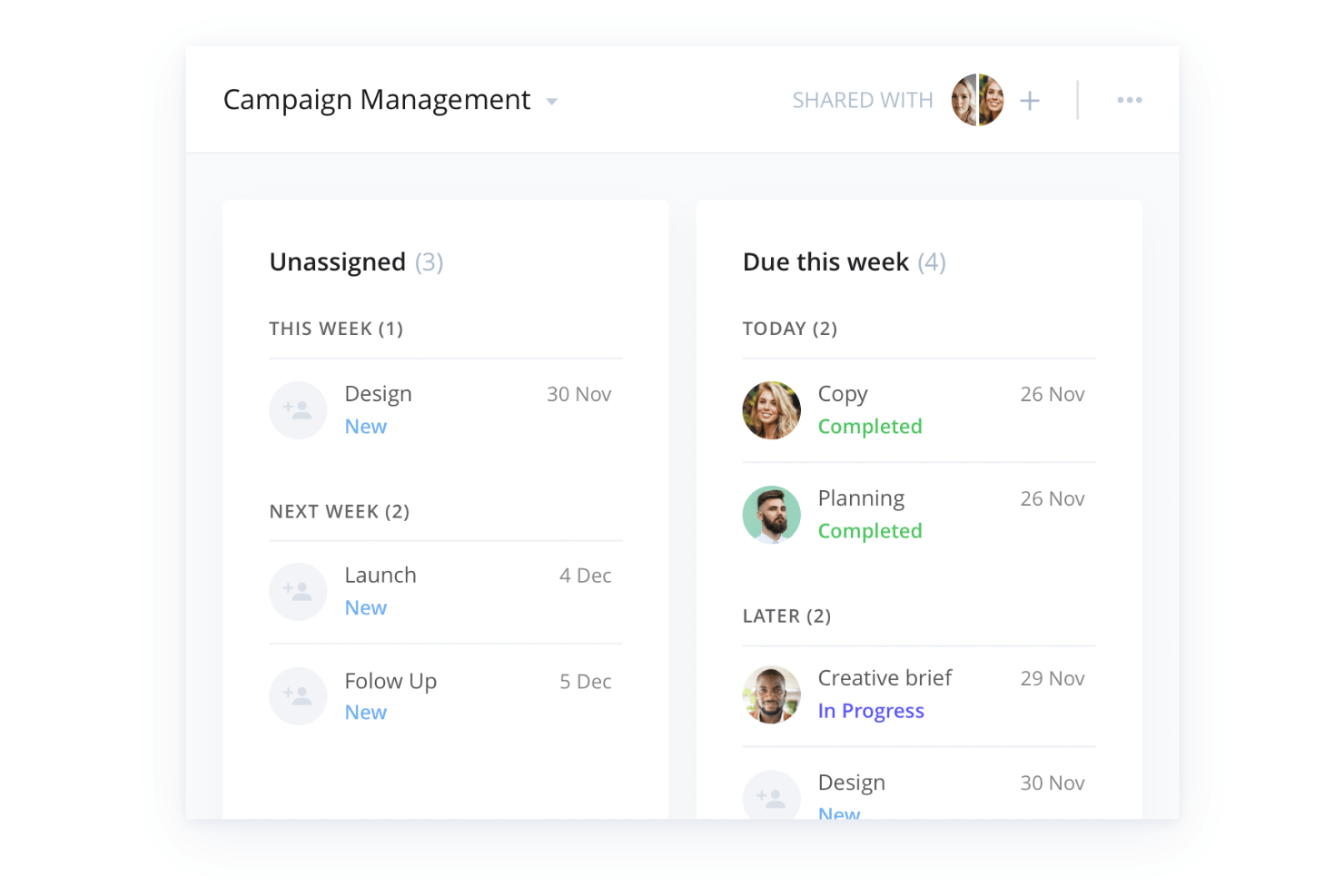 Wrike campaign management template showing tasks organized by assignment, status, and due date.