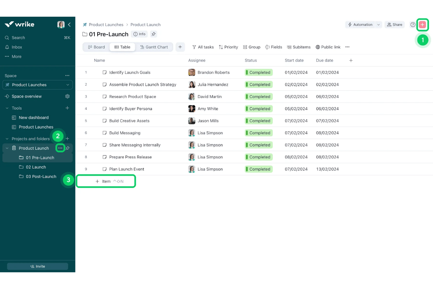 Wrike project workspace showing product launch tasks with assignees, statuses, start dates, and due dates.