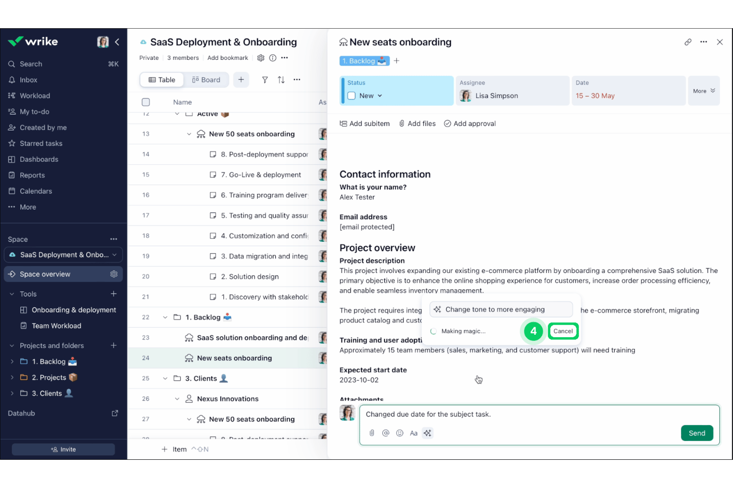 Wrike task view showing AI content editing used to adjust the tone of project text.