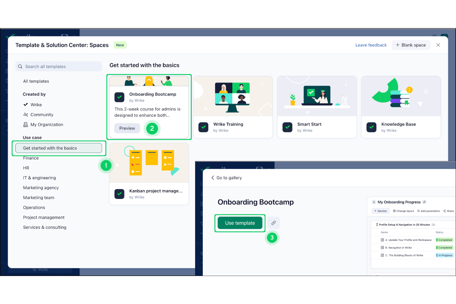 Wrike Template and Solution Center showing prebuilt templates for onboarding, training, knowledge bases, and Kanban project management.