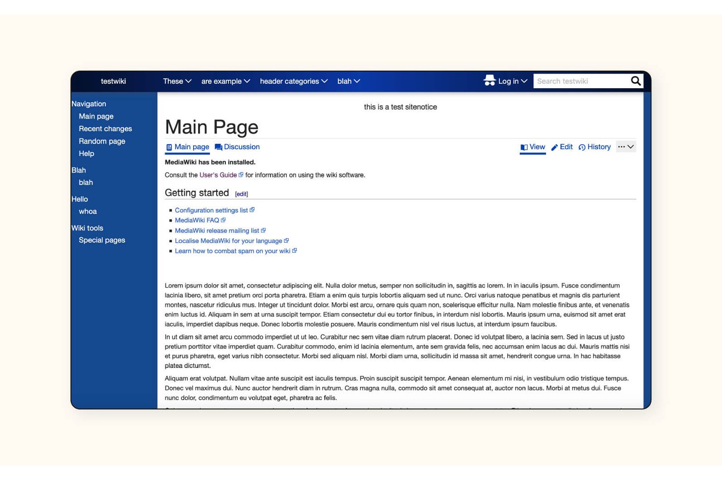 Hoofdpagina van MediaWiki met navigatie in de zijbalk, een zoekbalk en een bewerkbaar contentgebied.