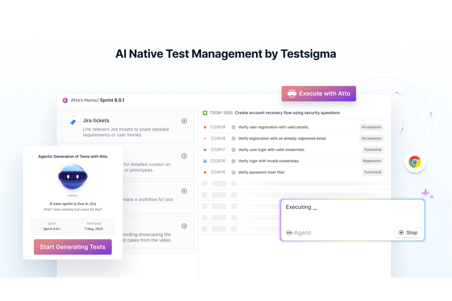 AI-native dashboard voor testbeheer van Testsigma, met agentische testgeneratie en -uitvoering.