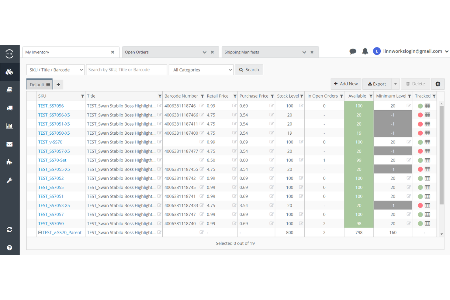 Tableau de gestion des stocks de Linnworks affichant les SKU, les niveaux de stock et les données de commande.