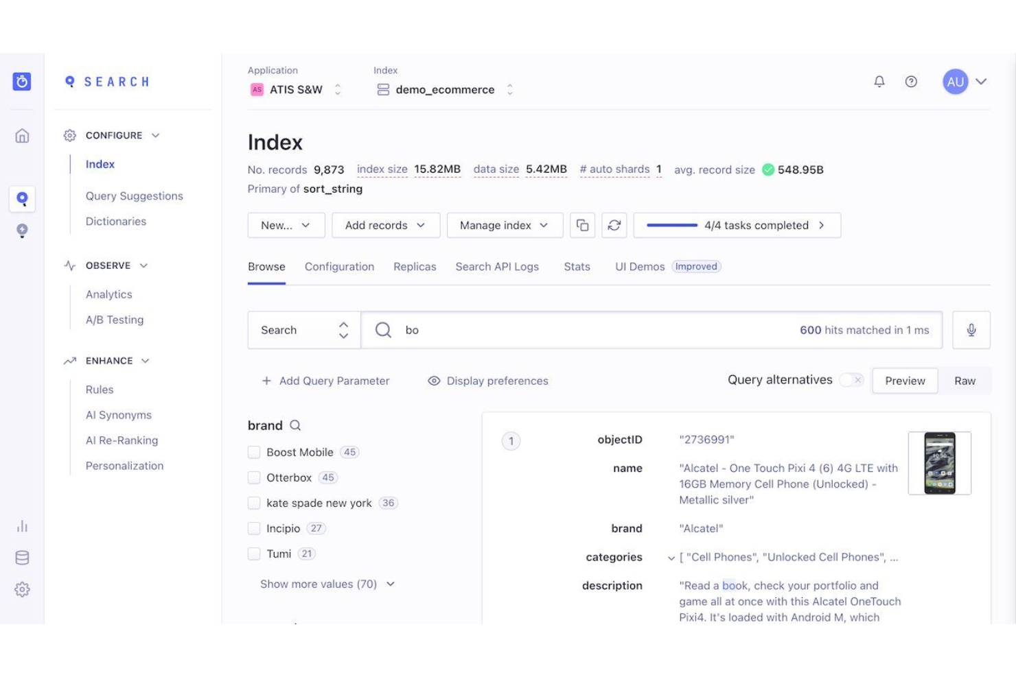 Tableau de bord Algolia affichant la vue de navigation d’un index avec les résultats de recherche et les facettes.