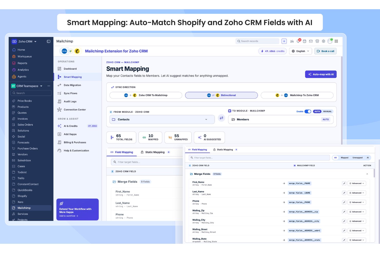 Zoho CRM Smart Mapping interface syncing Contacts fields to Mailchimp Members bidirectionally.