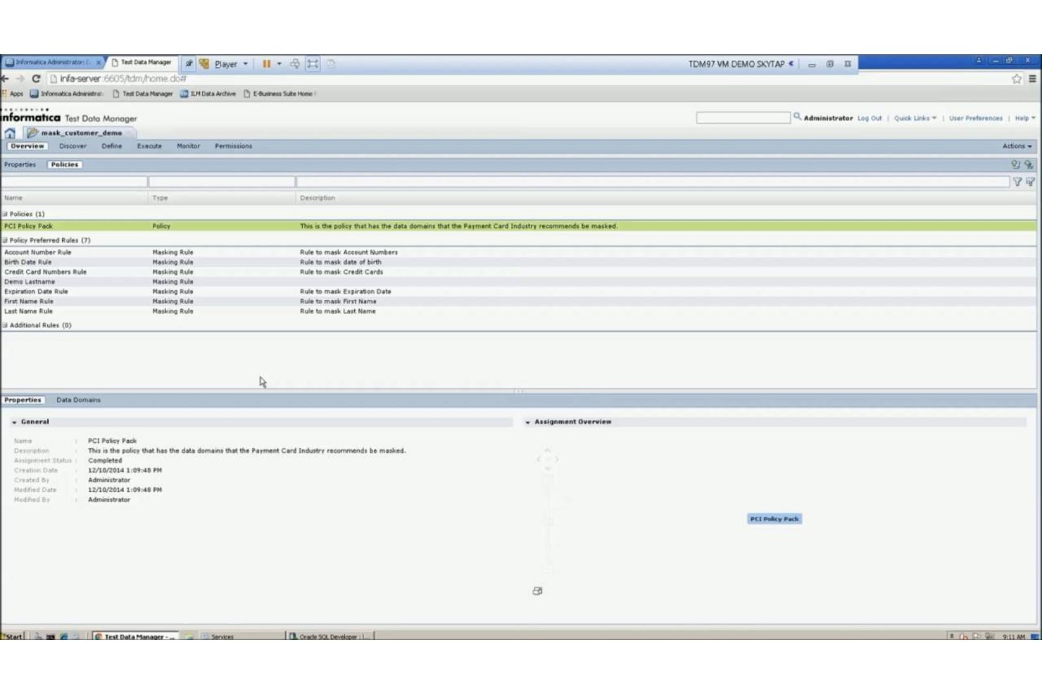 Informatica Test Data Manager showing PCI Policy Pack with seven masking rules.