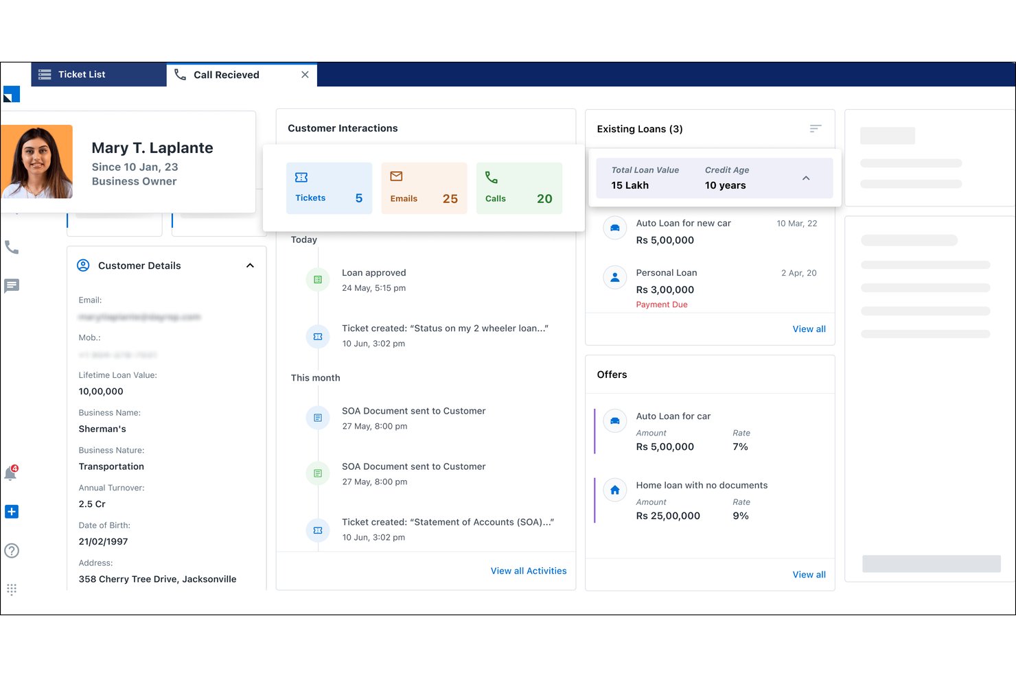 LeadSquared-CRM-Dashboard mit Kundenprofil, Krediten, Interaktionen und Angeboten.