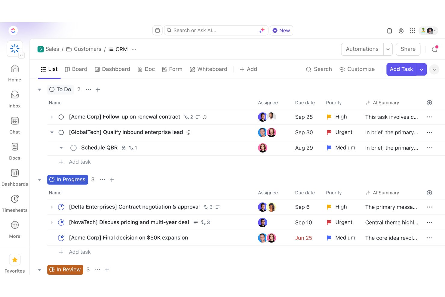 ClickUp CRM list view showing sales tasks grouped by To Do, In Progress, and In Review statuses.