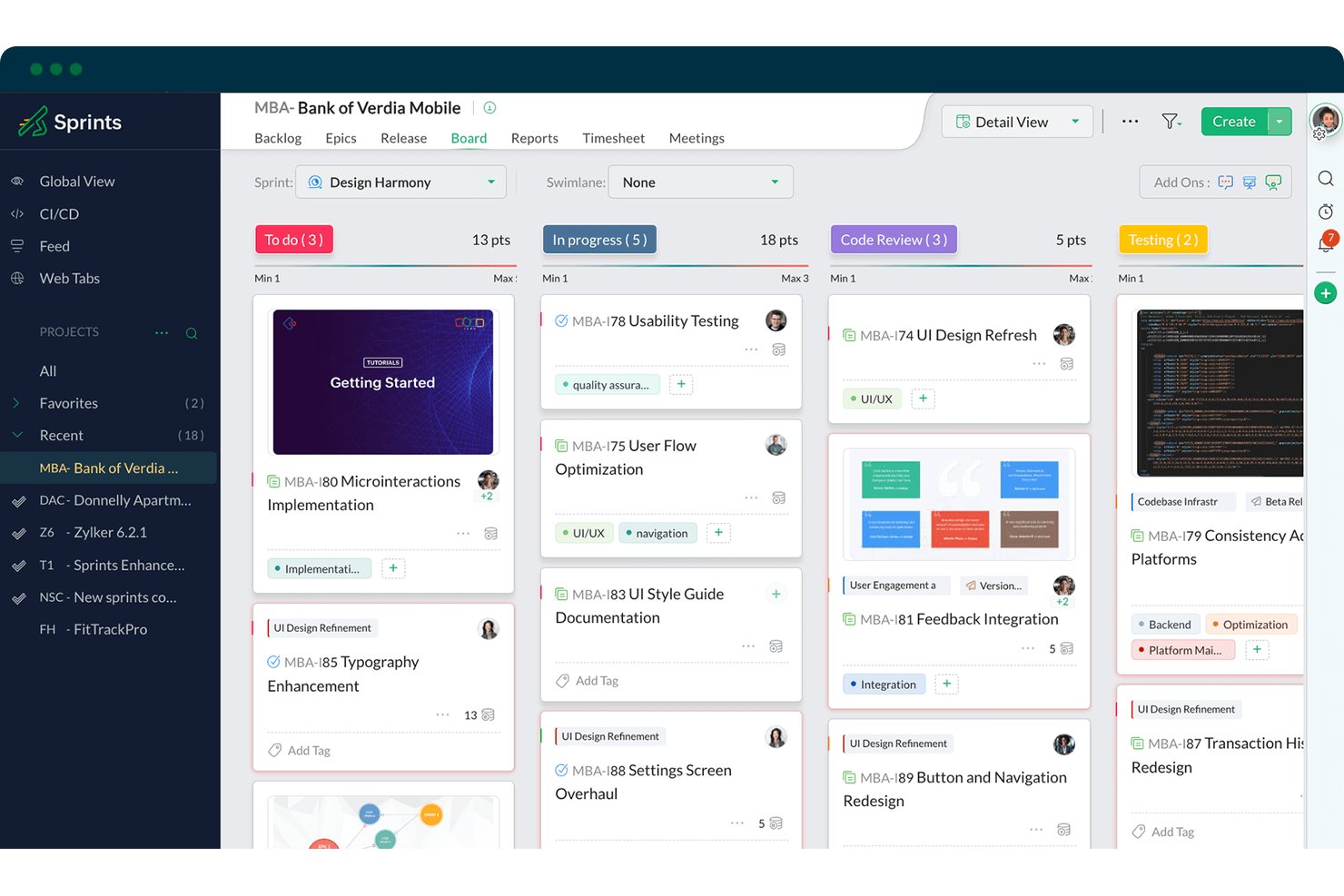 Tablero kanban de Zoho Sprints que muestra las tareas del sprint en las columnas Por hacer, En curso, Revisión de código y Pruebas.