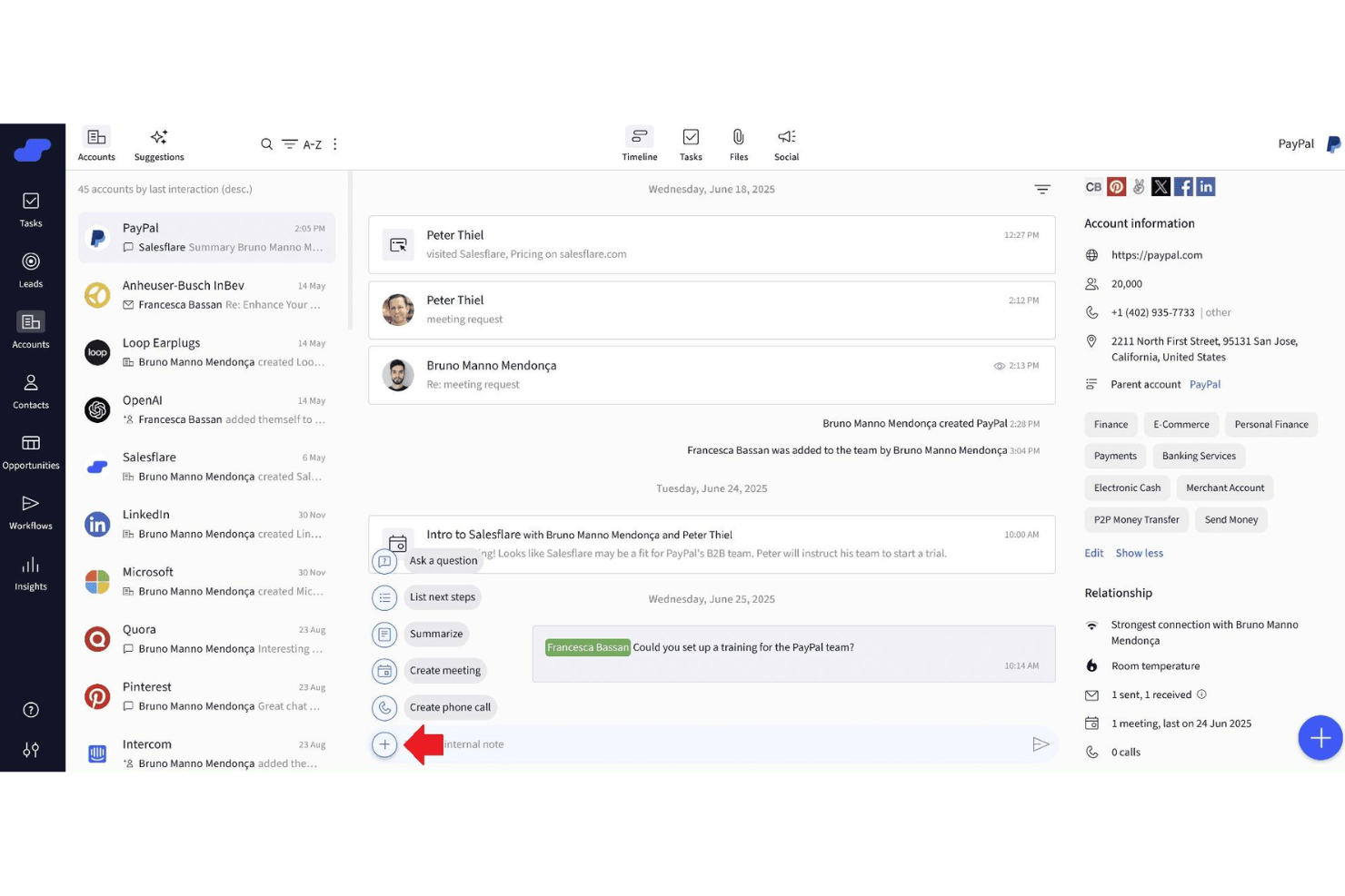 Salesflare CRM showing PayPal account timeline with AI-powered action menu.