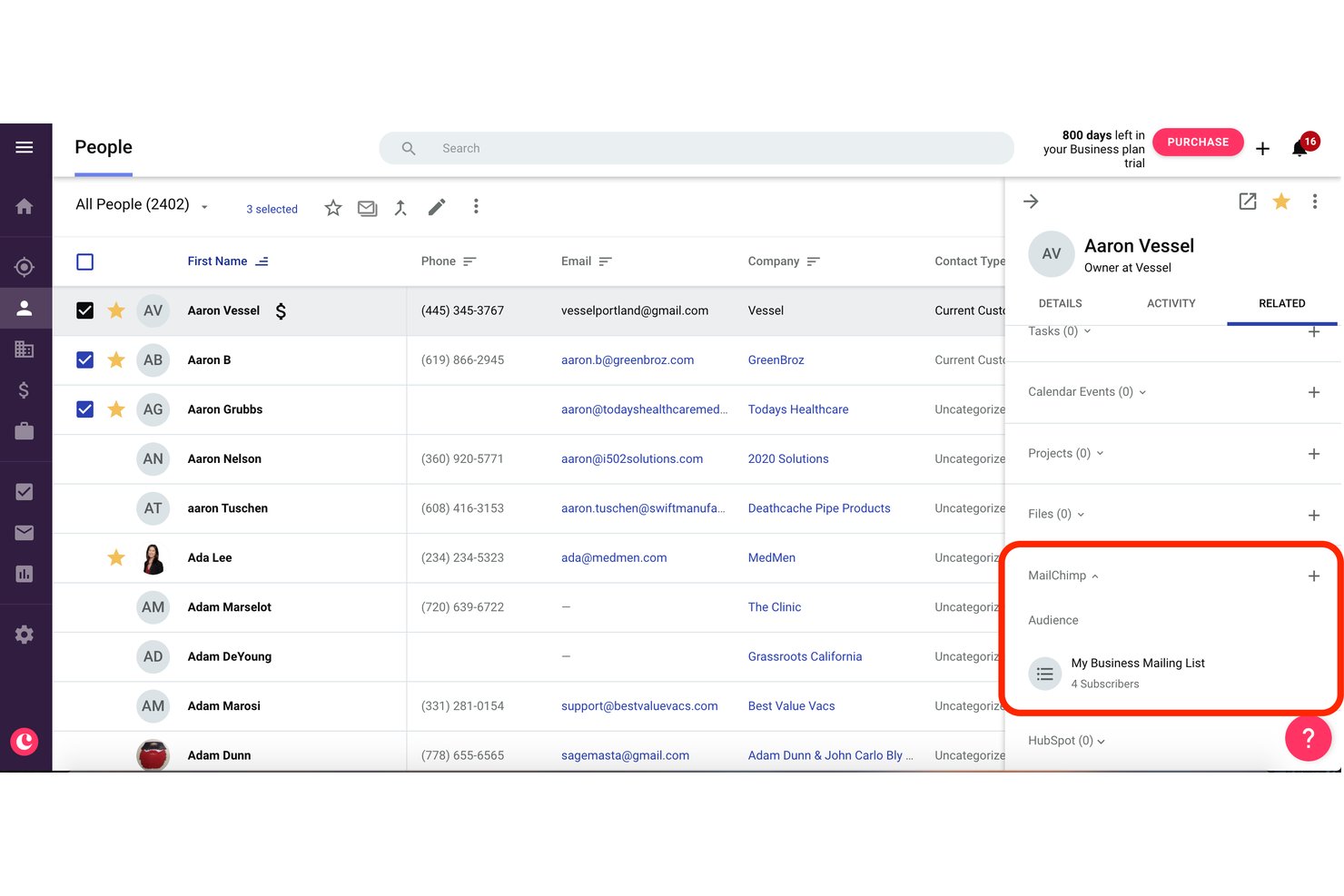 Copper CRM contact list with Mailchimp audience integration panel showing subscribers.