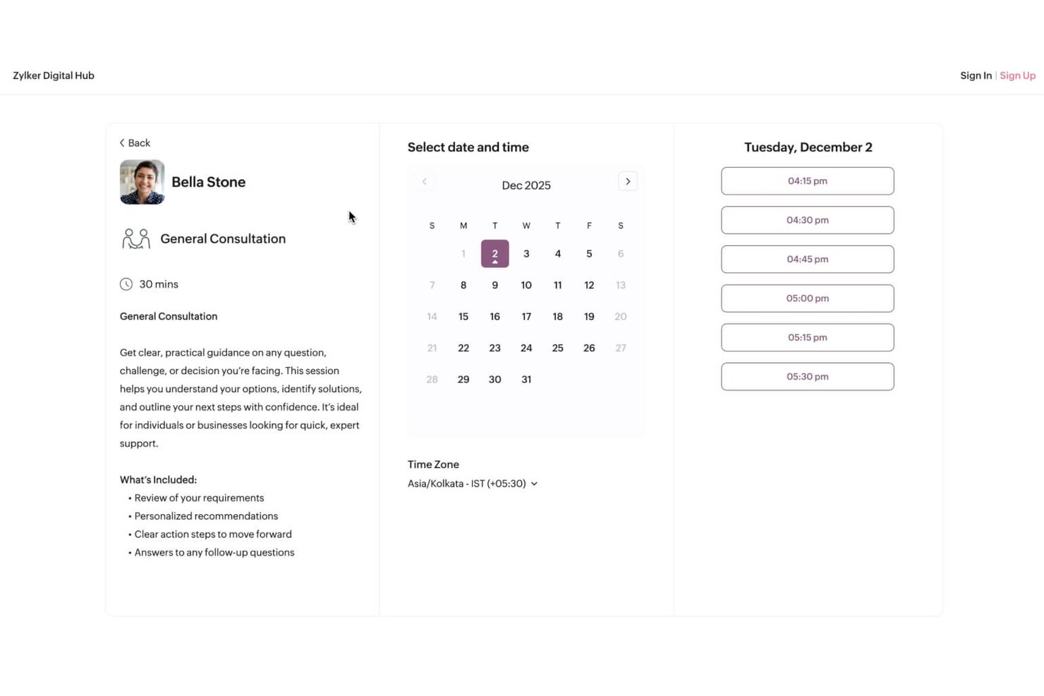 Zoho Bookings scheduling page showing calendar and available time slots for December 2.