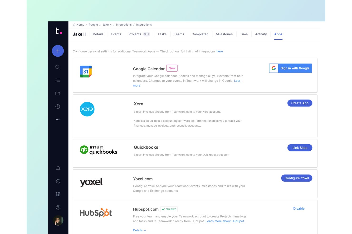 Teamwork.com Apps integrations page showing Google Calendar, Xero, QuickBooks, Yoxel, and HubSpot.