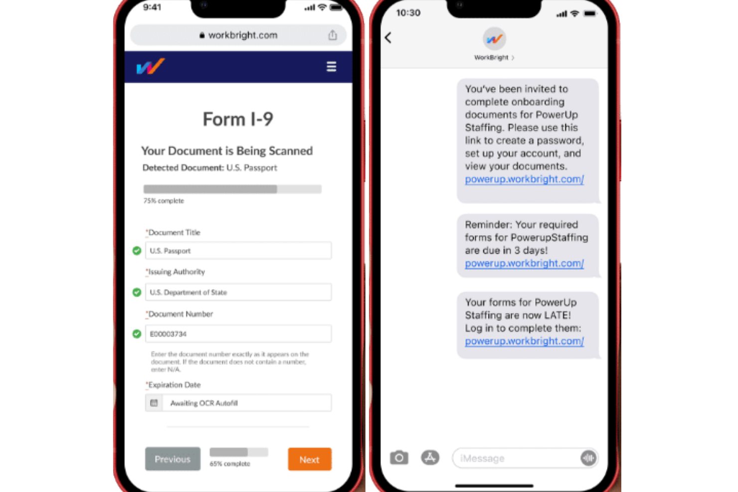 Dos teléfonos que muestran el escaneo del pasaporte del formulario I-9 de WorkBright y recordatorios de incorporación por SMS.
