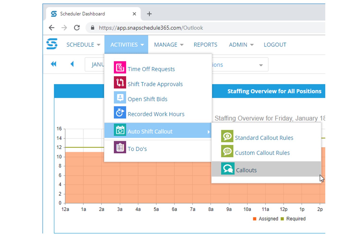 Tableau de bord Snap Schedule affichant le sous-menu Appel automatique d’équipe avec les options de règles d’appel.
