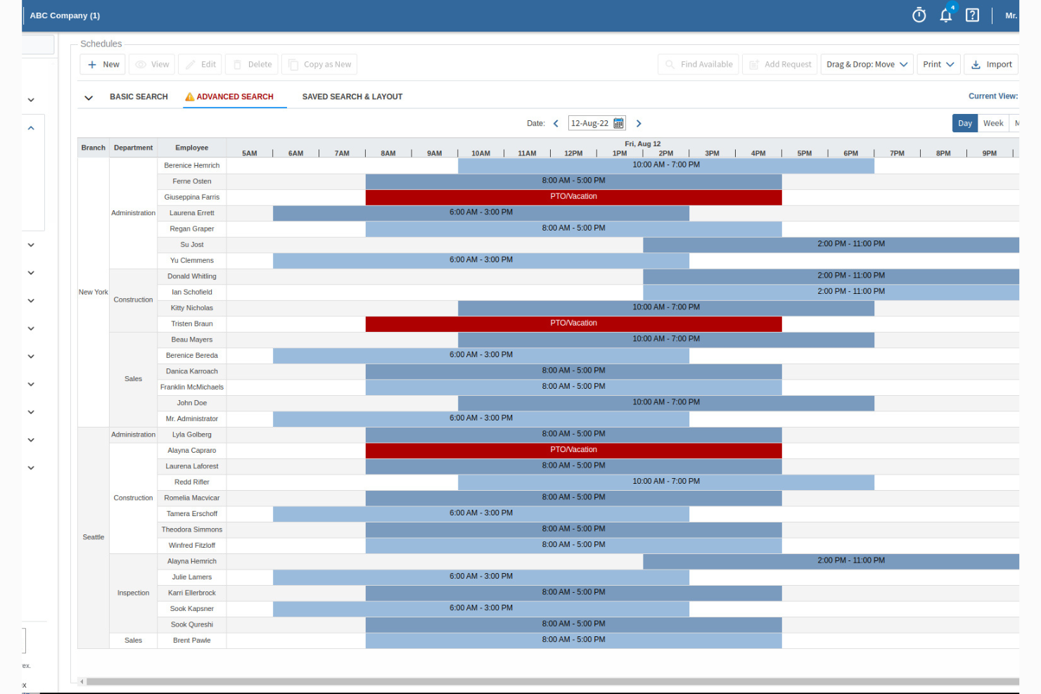 Overzicht voor personeelsplanning van TimeTrex met ploegendiensten, afdelingen, locaties, werkuren en verlofperioden van medewerkers.