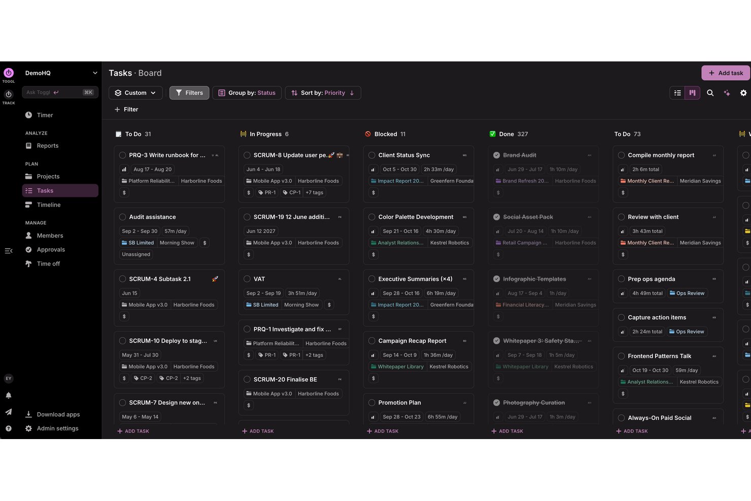 Dark-themed task board with columns: To Do, In Progress, Blocked, Done, grouped by status.