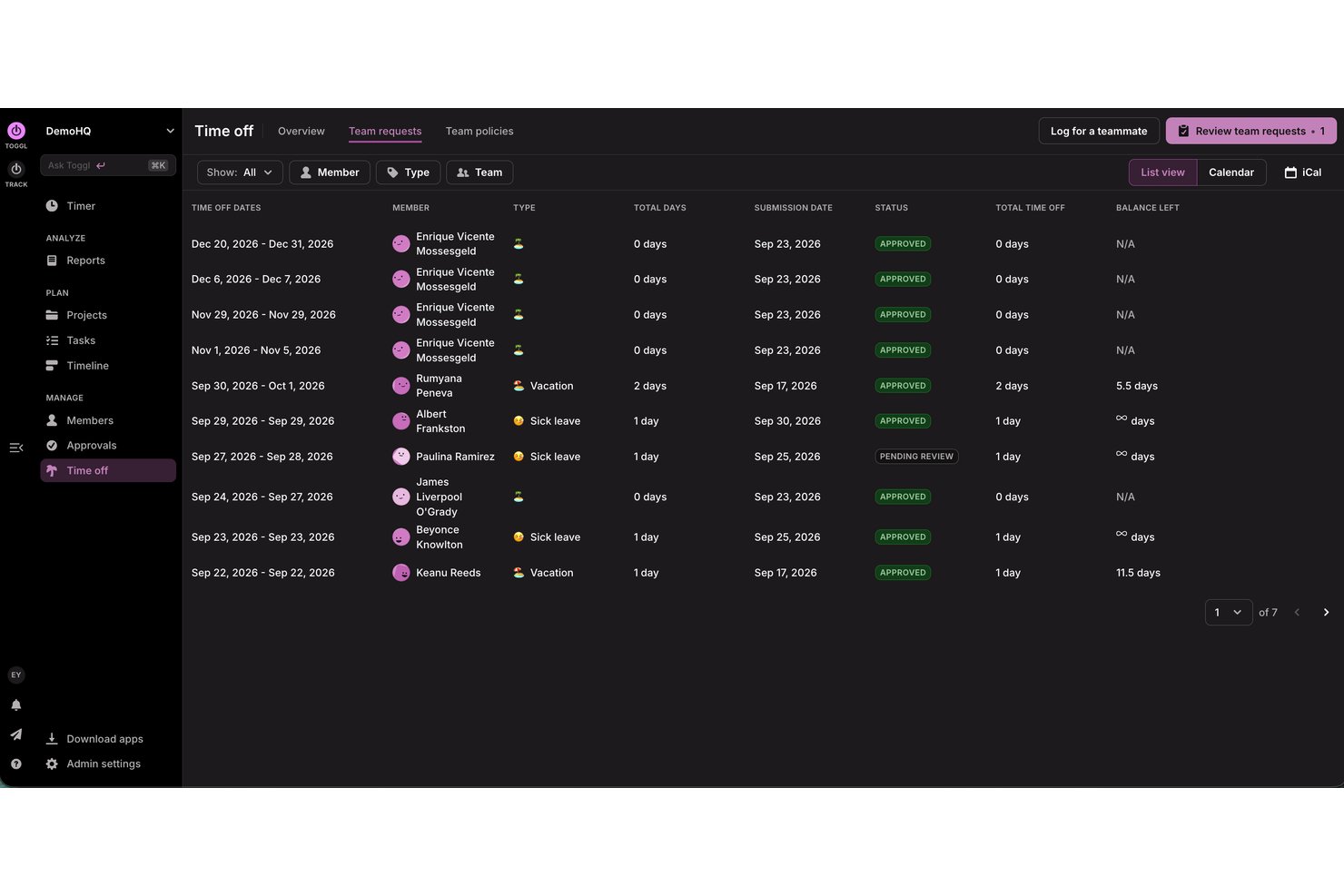 Toggl Track time-off team requests list with status, dates, and balance columns.