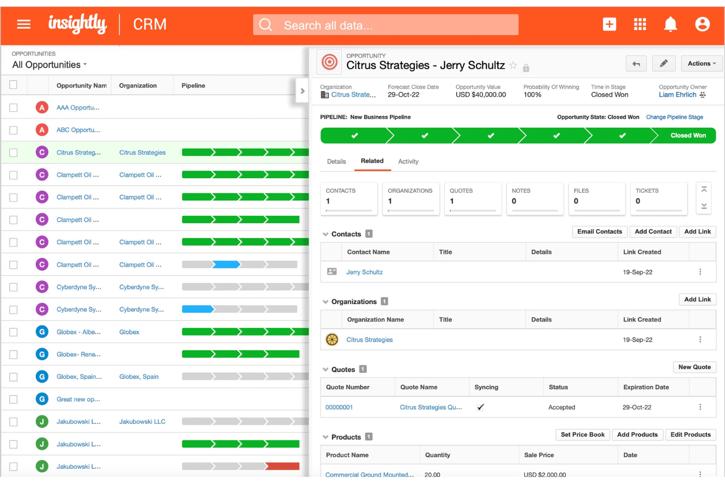 Insightly CRM opportunity detail view showing pipeline stages, contacts, quotes, and products.