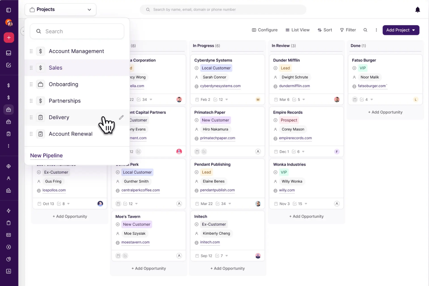 Copper CRM:s kanban-tavla som visar en rullgardinsmeny för byte av pipeline med projektkategorier.