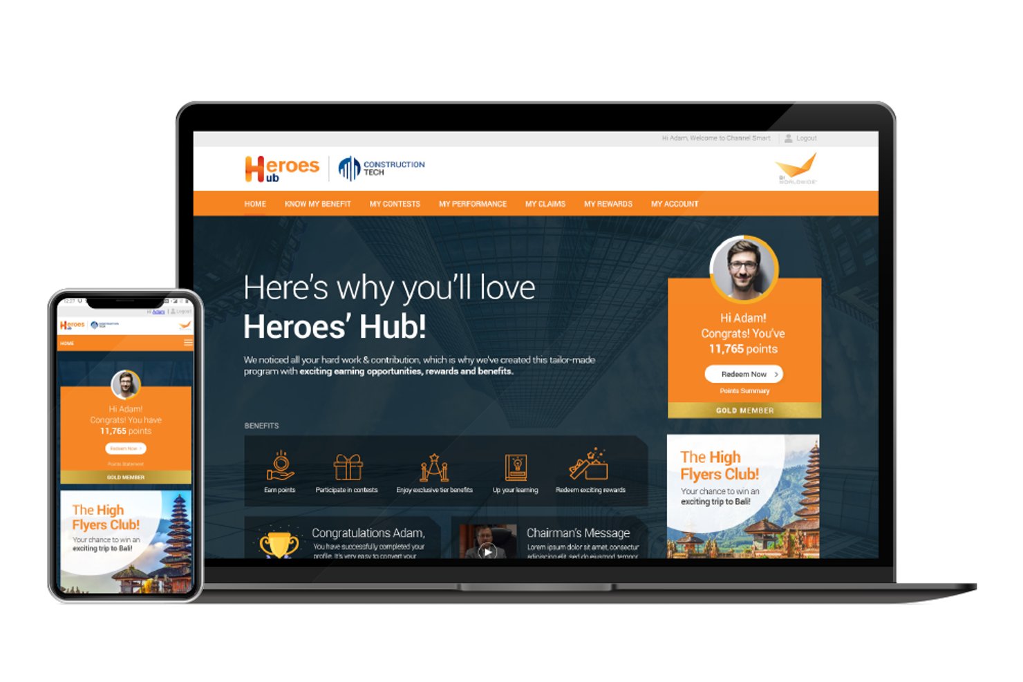 BI WORLDWIDE Heroes' Hub-loyaliteitsportaal weergegeven op een laptop en mobiel apparaat met een puntendashboard