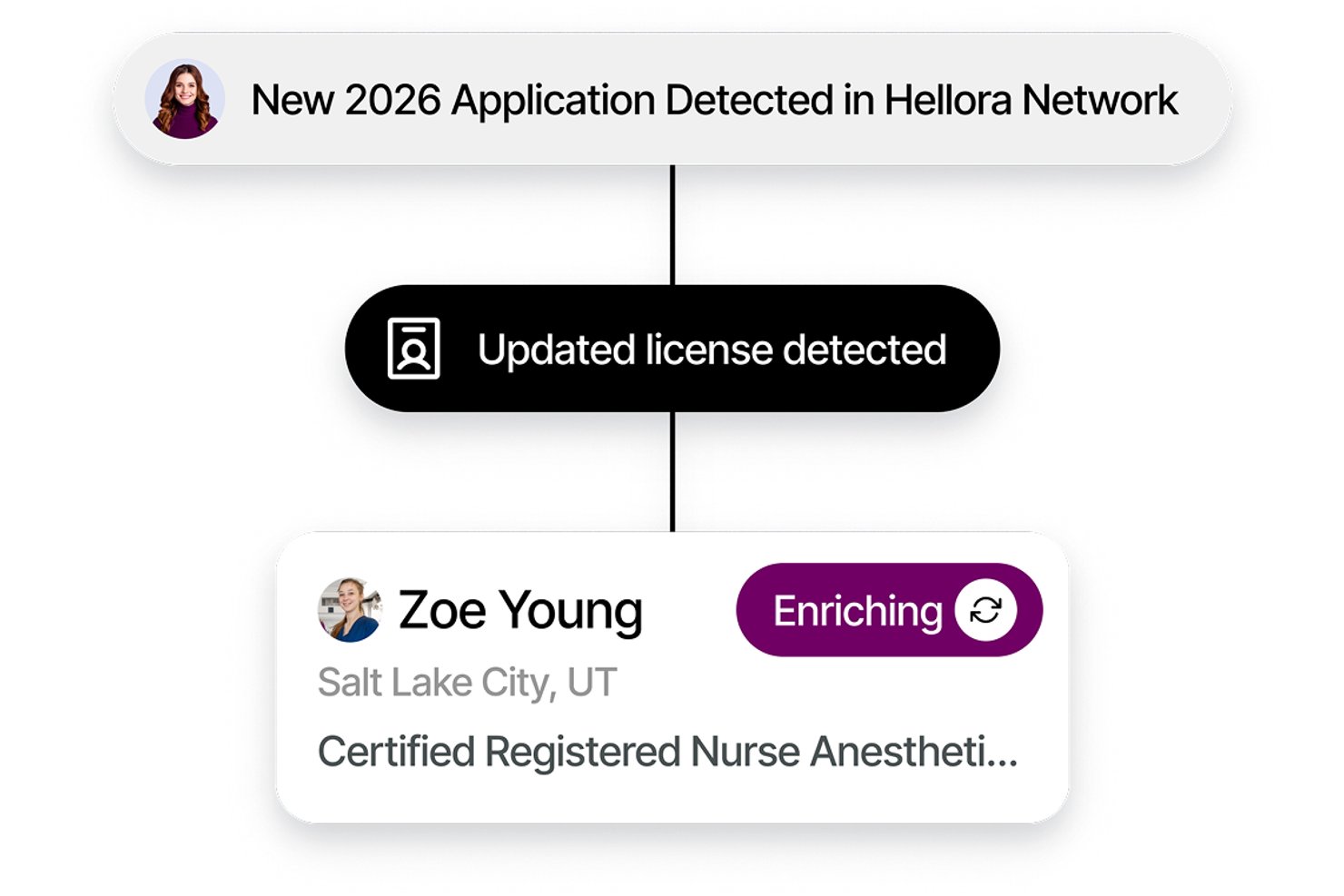 Hellora UI showing updated license detection and candidate profile enriching status.