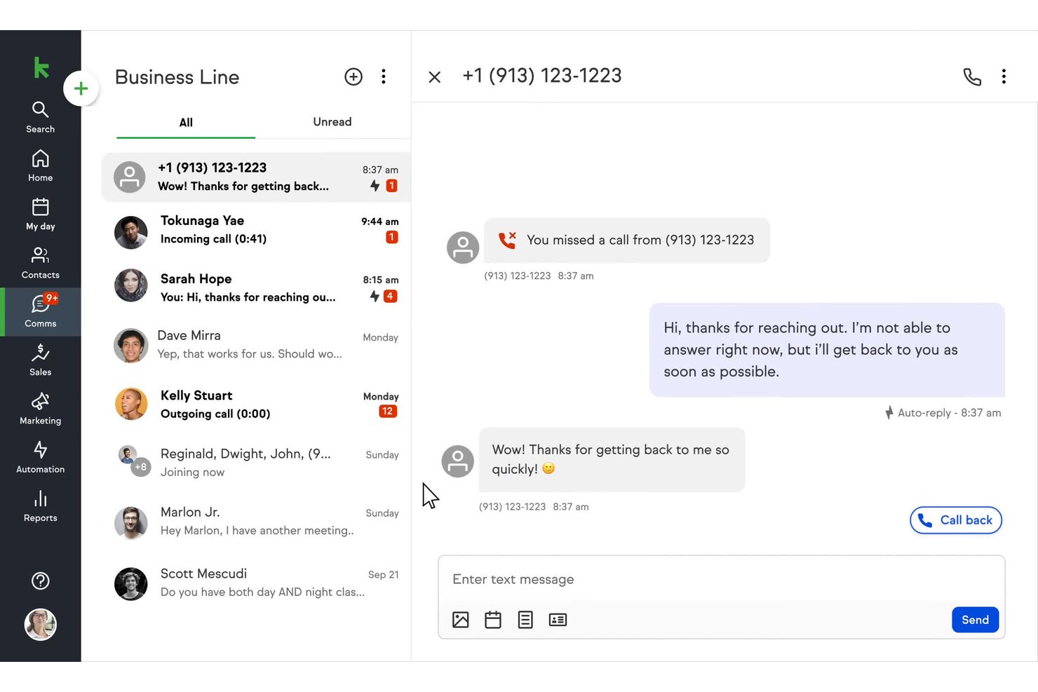 Keap CRM-företagsnummer som visar ett automatiskt SMS-svar efter ett missat samtal.